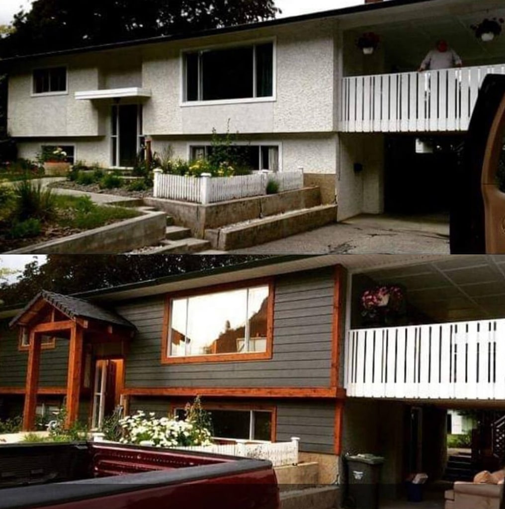 Gray and brown renovated house showcasing modern design elements and improved exterior features