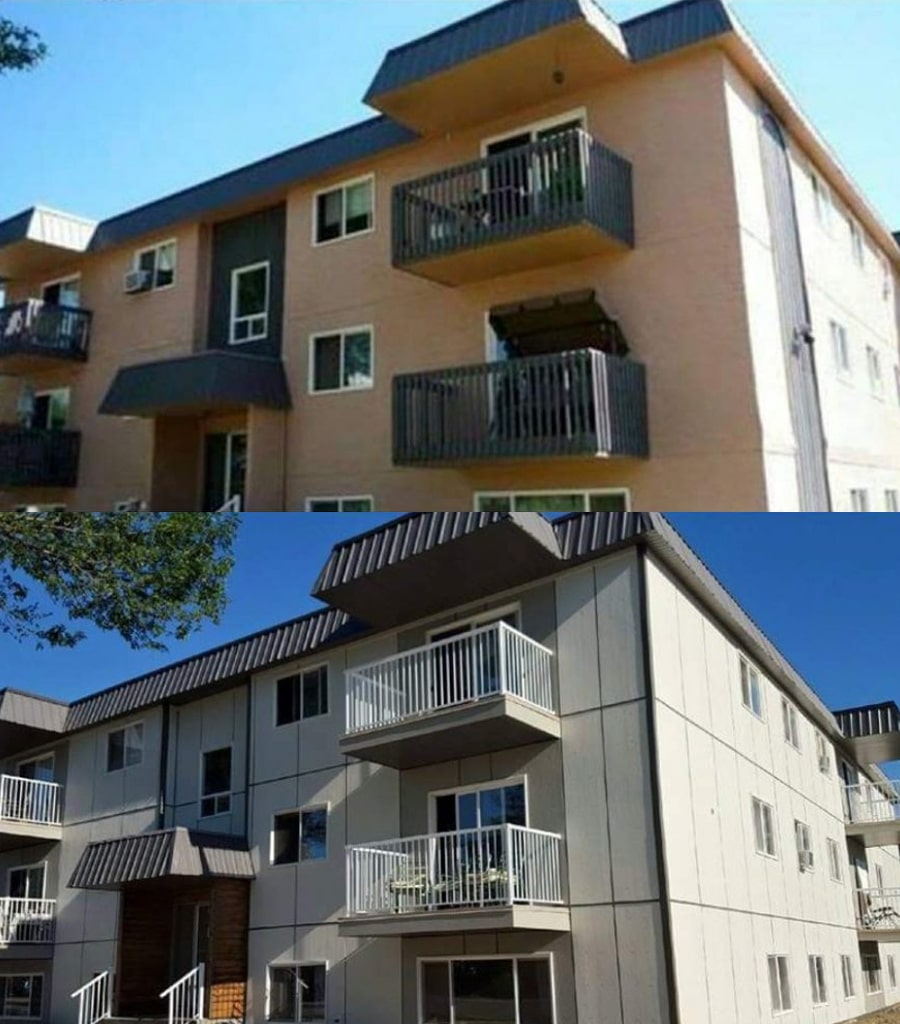 Before and after images showcasing a significant building renovation, highlighting structural and aesthetic improvements